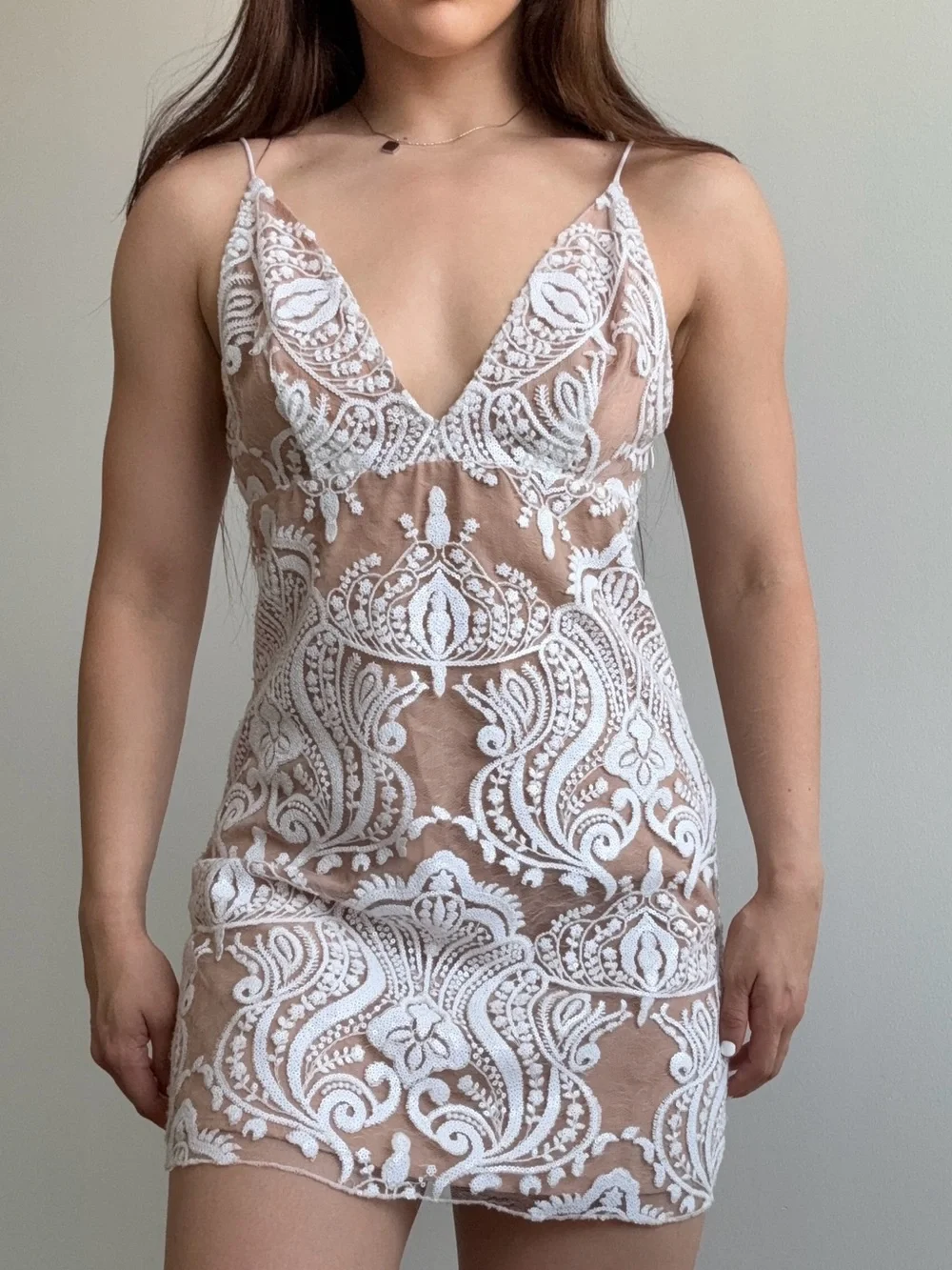 Free People White Embroidered Lace Plunge Mini Dress